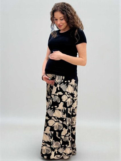 těhotenská sukně černá s béžovými květy