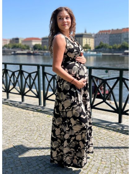 Těhotenské šaty letní černé vzorované dlouhé