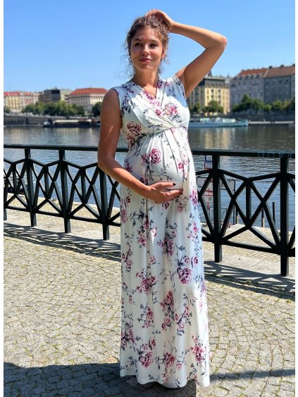 Letní těhotenské šaty bílé květinové dlouhé