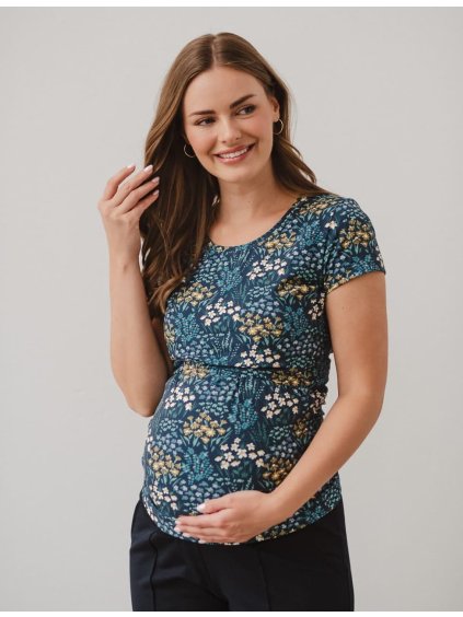 Těhotenské tričko tmavě modré květinové