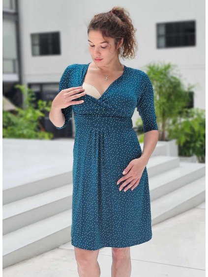 kojicí šaty smaragdově tyrkysové s puntíky