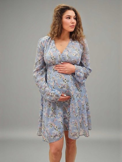 Šifonové těhotenské šaty modré s kvítky