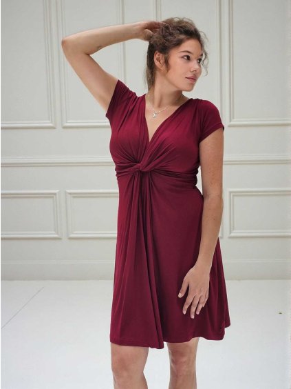 těhotenské šaty Vivianne bordó s předním uzlem krátký rukáv optimized