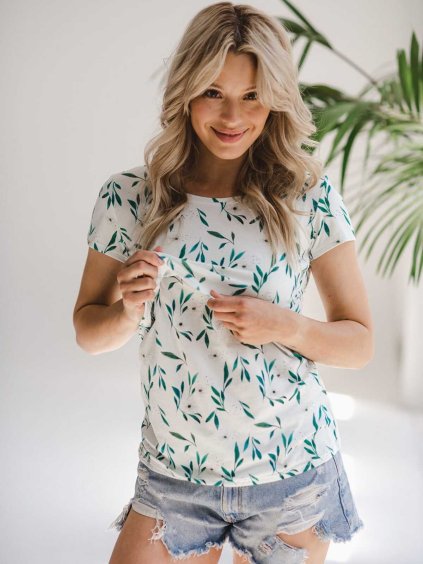 těhotenské tričko bílé s lístky bavlněné