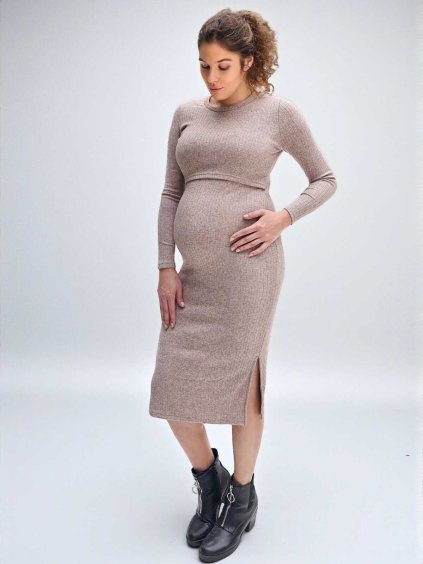 těhotenské šaty svetrové světle hnědé melange 3v1