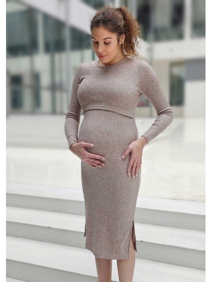 svetrové těhotenské a kojicí šaty hnědé melange dlouhý rukáv