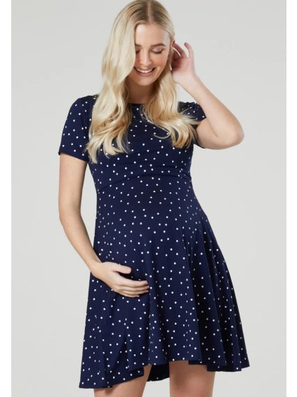 Těhotenské šaty modré s bílými puntíky