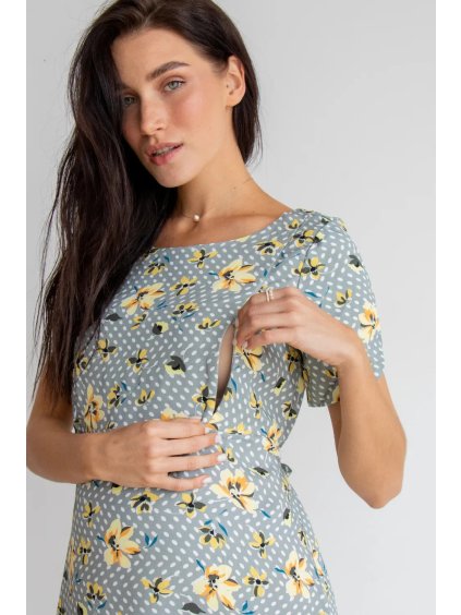 Kojicí šaty šedé s kvítky