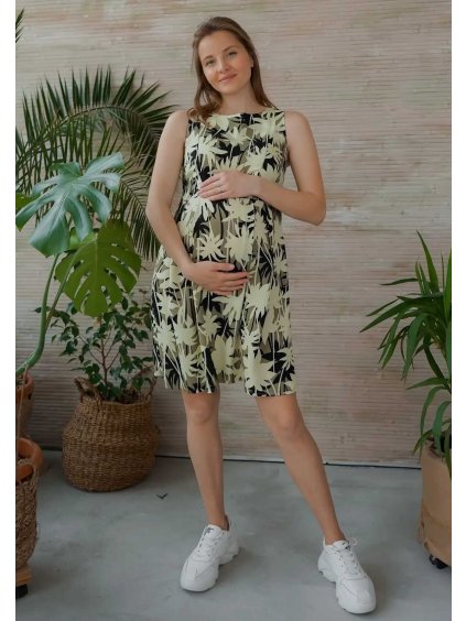 těhotenské a kojicí šaty bez rukávů tropický vzor