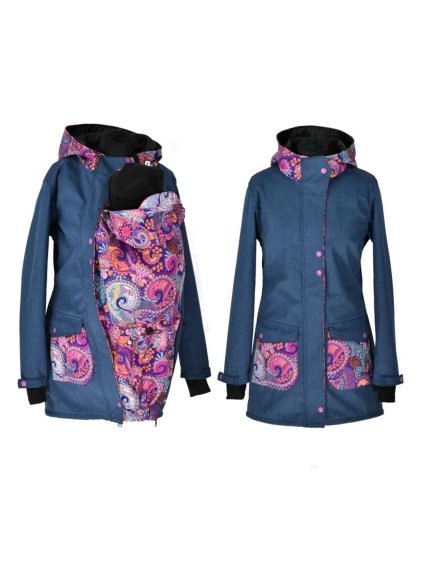 softshellový kabát přední nošení modrá žíhaná ornamenty