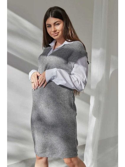 svetrové těhotenské šaty s košilí 2v1 šedé