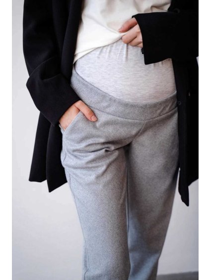 teplé těhotenské kalhoty šedé melange detail pasu