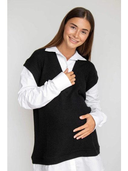 Pletený těhotenský svetr s košilí 2v1 černý