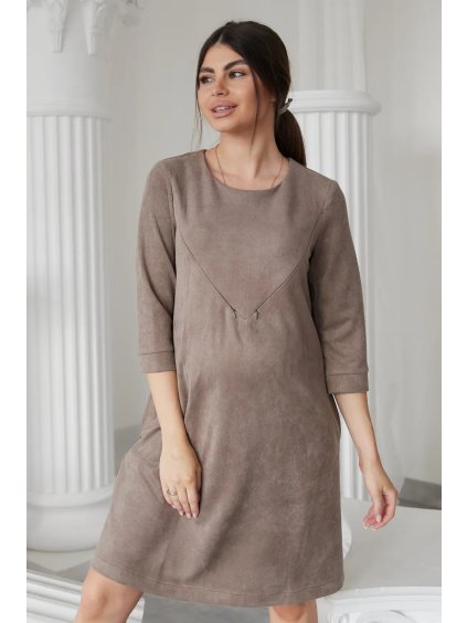 Těhotenské šaty se zipy hnědé cappuccino