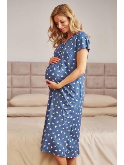 Dlouhá těhotenská a kojicí košile modrá vlaštovky