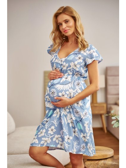 Těhotenská košilka modrá s bílými květy