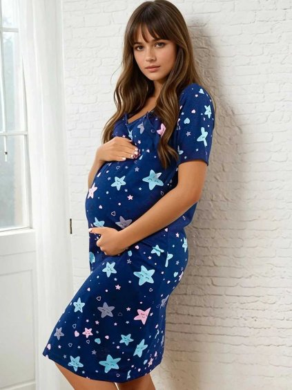 těhotenská a kojicí noční košile tmavě modrá s hvězdami