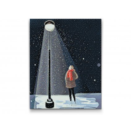 Diamond Painting - Frau unter einer Lampe und fallendem Schnee