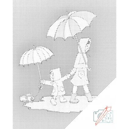 Punktmalerei - Baby mit Mutter beim Spaziergang