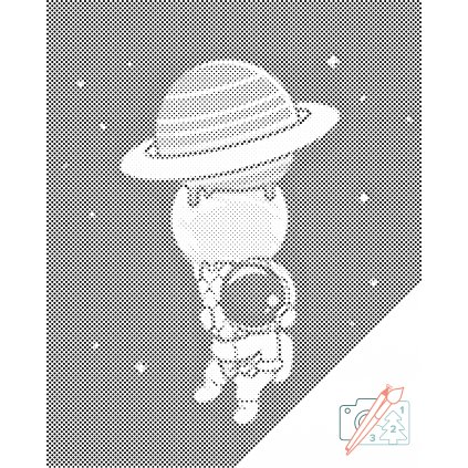 Punktmalerei - Astronaut mit einem Kornett aus Planeten