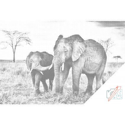 Punktmalerei - Elefantenjunges mit Mutter