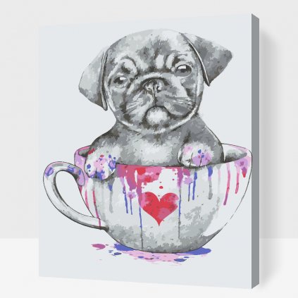 Malen nach Zahlen - Mops in einer befleckten Tasse