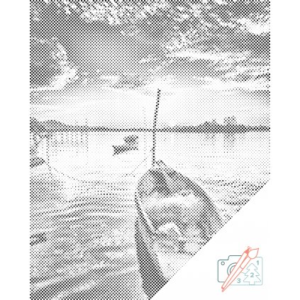 Punktmalerei - Fischerboot bei Sonnenuntergang