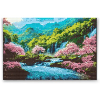 Diamond Painting - Blütende Bäume mit Wasserfall