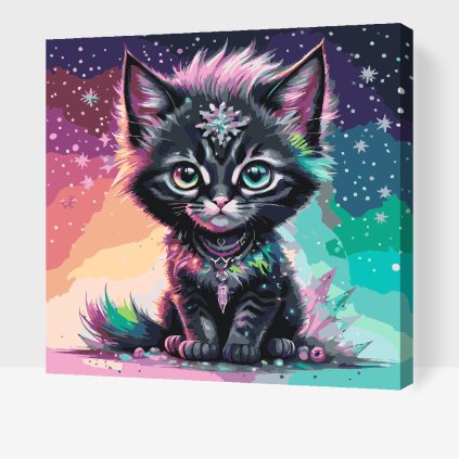 Malen nach Zahlen - Schwarzes Kätzchen in Regenbogenfarben