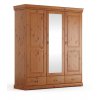 Šatní skříň 3D Toskania se zrcadlem a zásuvkami, masiv, borovice (odstín Medový) - čelní pohled
