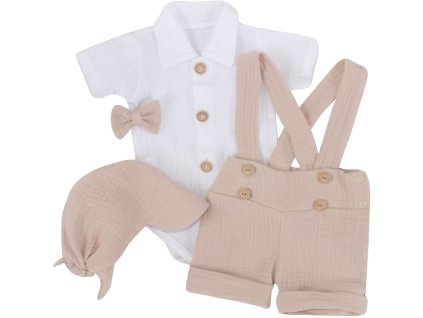 Mušelínové kraťasy s láclem, bodýčko, čepička, motýlek 4D sada, Z&Z, písková/bílá (Velikost 56 (1-2m))