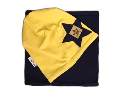 Baby Nellys Bavlněná sada čepička a nákrčník Nelly Star - žlutá/tm.modrá (Velikost 116 (5-6r))