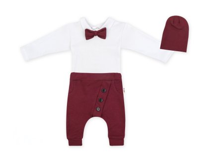 Baby Nellys 3-dílná sada Hubert, body s motýlkem  dl.rukáv, tepláčky a čepička - bordo (Velikost 80 (9-12m))