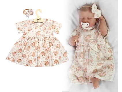 Mušelínové šatičky + čelenka 2-dílná sada Pivoňky, Baby Nellys, smetanové (Velikost 98 (2-3r))