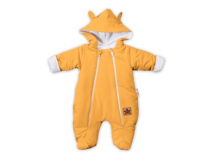 Baby Nellys Kombinézka s dvojitým zapínáním, s kapucí a oušky TEDDY - hořčicová (Velikost 62 (2-3m))