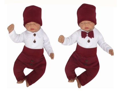 Z&Z 4-dílná soupravička body, tepláčky, čepička a motýlek, bílá/bordó (Velikost 74 (6-9m))