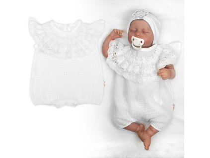 Body s nohavičkami, mušelín s krajkou BOHO - bílé (Velikost 74 (6-9m))