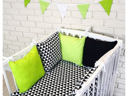 Baby Nellys Polštářkový mantinel s povlečením - trojúhelníčky, černá/zelená (Velikost povlečení 120x90)