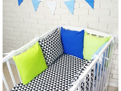 Baby Nellys Polštářkový mantinel s povlečením - trojúhelníčky, černá/modrá/zelená (Velikost povlečení 120x90)