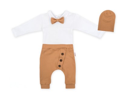 Baby Nellys 3-dílná sada Hubert, body s motýlkem  dl.rukáv, tepláčky a čepička - hnědá (Velikost 92 (18-24m))