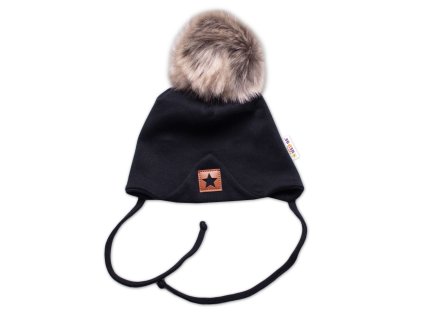 Zimní,podzimní bavlněná dvouvrstvá čepice s bambulí na zavazování Star, černá (Velikost 68-80 (6-12m))