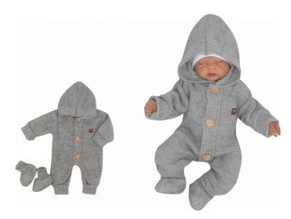 Z&Z Dětský pletený overálek s kapucí + botičky, šedý (Velikost 86 (12-18m))