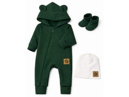 Rastúci oteplený overal s čiapkou a topánočkami, 3D - tm. zelený (Velikost 56/62 (0-3m))