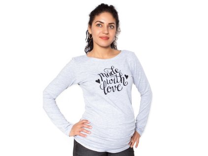 Be MaaMaa Těhotenské triko dlouhý rukáv Made with Love - šedé, vel. XS (Velikost oblečení XS (32-34))