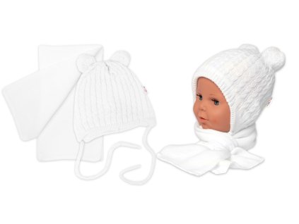 Zimní čepice na zavazování s bambulky + šál - bílá (Velikost 56/62 (0-3m))