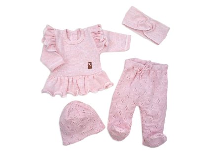 Pletená ažurková sada 4D, tunika, polodupačky, čepička + čelenka Kazum, růžová (Velikost 62 (2-3m))