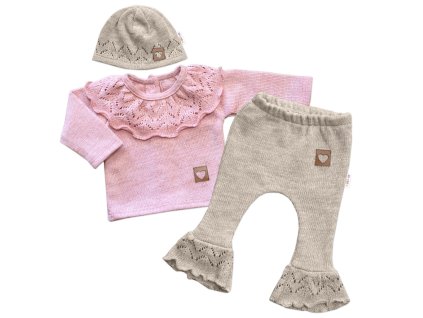 Pletená soupravička s volánkem Heart, 3D,  kabátek, kalhoty a čepička, růžová/béžová (Velikost 56 (1-2m))