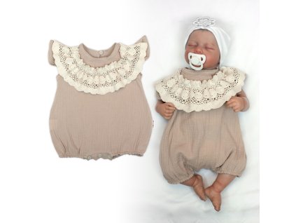 Body s nohavičkami, mušelín s krajkou BOHO - béžové (Velikost 62 (2-3m))