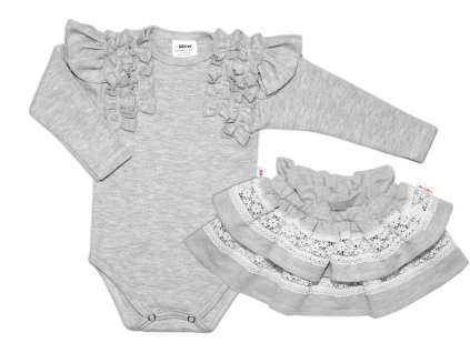 BABY NELLYS  2-dílná sada, body dl.rukáv + suknička s krajkou a volánky, šedá (Velikost 68 (3-6m))