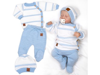 Pletená sada pro miminko s jemným proužkem 3D, lux - modrá, bílá (Velikost 56 (1-2m))